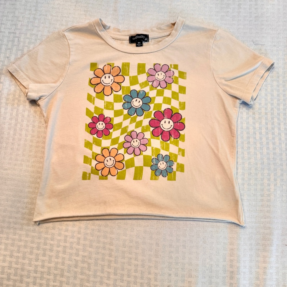 Orginality Kids Medium Tan Smiley Face Floral Checkered Graphic Tee USA Made